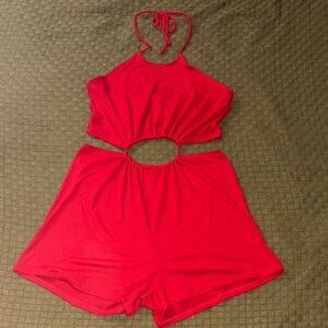 Chic Red Halter Cutout Romper